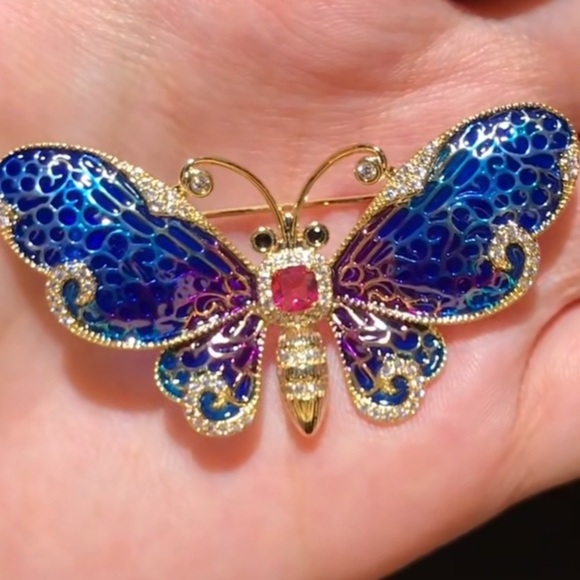 Luxury Elegant Blue Gold Butterfly Brooch - Picture 10 of 10